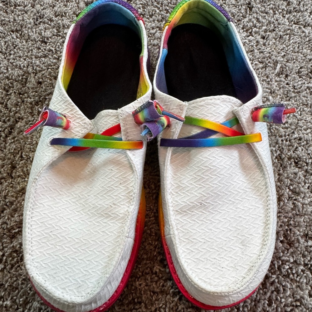 Hey Dude Women's White and Rainbow Shoes
